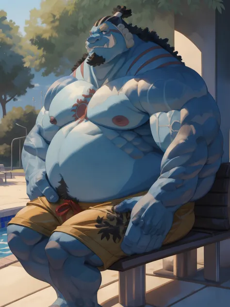 solo, 1boy, (Huge jinbei sitting in bench, park, blue skin, shorts, smile) (muscular, pectoral, chubby) (topless, shirtless), pool background, masterpiece, high detailed, 8k, high resolution