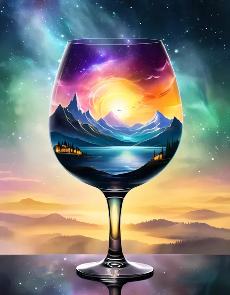 create a celestial scene within a wine glass, featuring a surreal landscape with mountains and an aurora sky. the background inc...