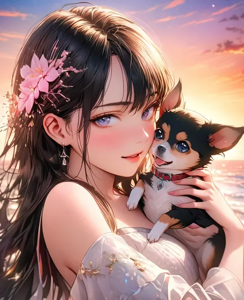 8k,Ephemeral beauty,Very delicate and beautiful,Beautiful and realistic skin,,Black Hair、Long and colorful hair,Beautiful Eyes,good,Beautiful sunset、dog(chihuahua)hug、dog cream color、Walking on the beach with my dog