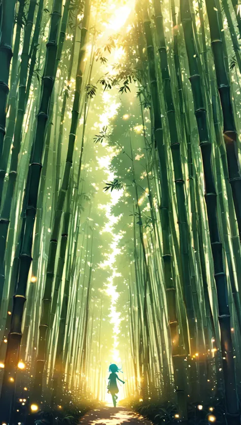 ((A tiny spirit walking through a bamboo forest)),Sunlight filtering through the trees、Light production、Sparkling effects,Close-up