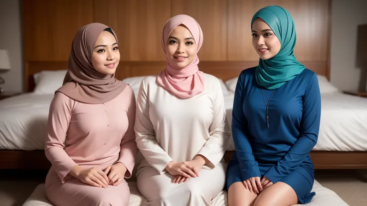 Two Malay girl in hijab wear baju kurung, pastel color, seating, front view, detail skin, detail skin texture, mole below eyes, big breast, big hip, big waist, big thigh, slim abs, beautiful body,back, beautiful buttocks,round (saggy) buttocks, thick thigh...