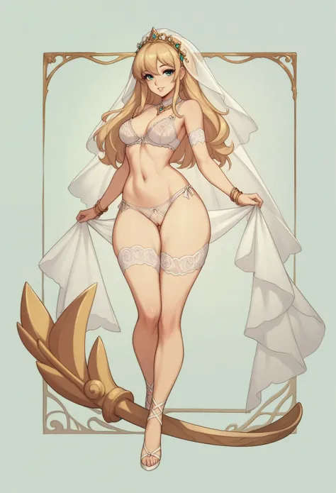 exposed legs, exposed thighs, exposed hips, exposed belly, Based on the description, s40r1k1d0 is wearing a cute white panty and a cute white bra. Long see through white veil behind your body, The lingerie is very thin.. She holds a veil with her hands, wh...