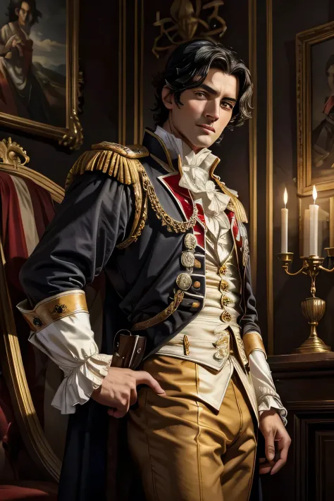(masterpiece), best quality, expressive eyes, perfect face, 18th century European noblemen，Duke，black hair，Brown eyes，confidence， 45 years old, ((individual)), short hair