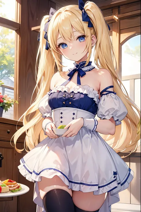 Close-up of a woman with blonde hair holding a plate of food、blue eyes、、Small breasts、Twin tails、、Small breasts、Hata、Bright smile、Looks about 15 years old、Petan Musume、short、目のhighlight、Sexy thighs、Let&#39;s eat cake、Rose Gothic Hata Dress Costume、Your eye...