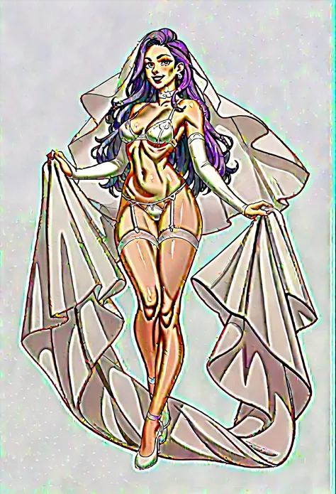 exposed legs, exposed thighs, exposed hips, exposed belly, Based on the description, s40r1k1d0 is wearing a cute white panty and a cute white bra. She has long purple hair, Long  white veil behind your body. She holds a veil with her hands, which passes be...