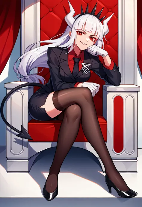 score_9, score_8_up, score_7_up, source_anime, solo, 1girl, luciferdef, mole under eye, smirk, looking at viewer, sitting, throne, crossed legs, long hair, crown, white horns, demon horns, formal, business suit, black jacket, badge, long sleeves, red shirt...