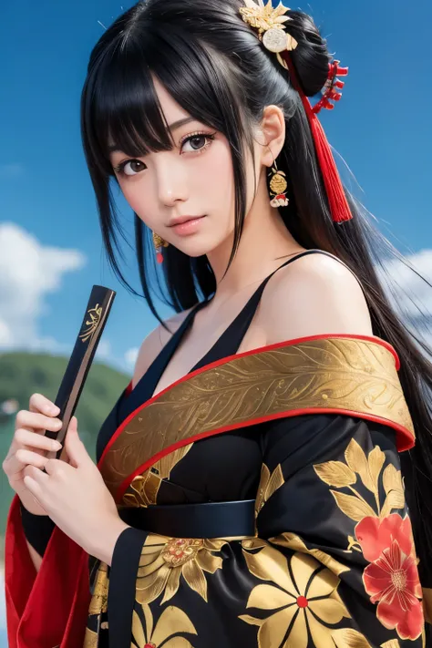 Japanese Sengoku period beautiful girl anime black hair cool eyes