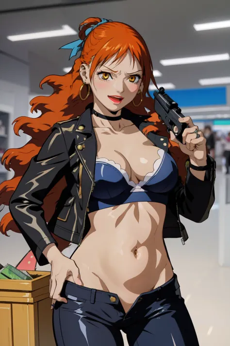 momomi, medium breast, 
mall, shopping center,indoors, blush, lipstick, jewelry, earrings, Hot girl, baddie, mean girl, sensual, attractive, mmasterpiece, best quality, highly detailed, a girls with a gun, evil smile , open mouth, sexy gaze, badass
pose , ...