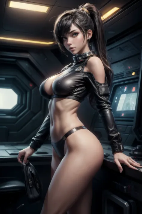 Anime girl with black hair (ponytail hairstyle just below the shoulders), front view, hair sticking out on the sides just below the shoulders, European face, black tactical eyepatch, high heels, looking at the viewer, black very thin panties, erect nipples...