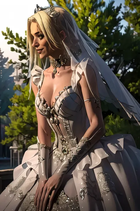 Sareena MK,  hair between eyes, ahoge, blonde hair, star (symbol), hair ornament, ruffled tulle dress, cleavage, bare shoulders, collarbone, long black elbow gloves, black gloves, black dress, black choker, strapless, tiara, veil, strapless dress, princess...