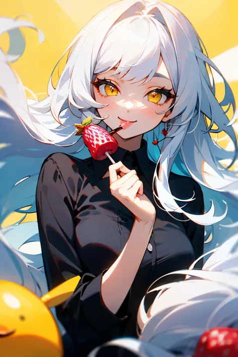 A beautiful woman. Vibrant yellow eyes. Long fluffy hair with bangs. White eyelashes. Smiling playfully. Black shirt. Long hair. One person. White hair. Giving lolipop,holding, strawberry lollipops