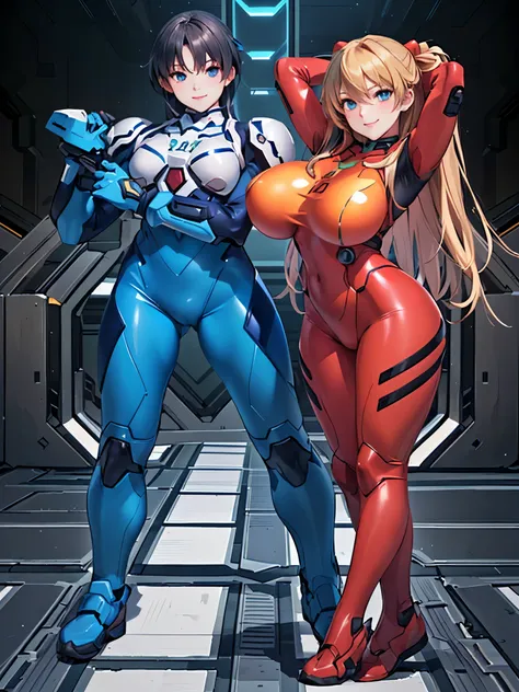 (On the left is a handsome muscular man with a beard.:1.5),(The woman on the right has the most beautiful breasts:1.5),(シンジとAsuka:1.5),(Cosplay Photography),(The best smile:1.5),An anime character wearing red and blue clothes is having a photo shoot., body...