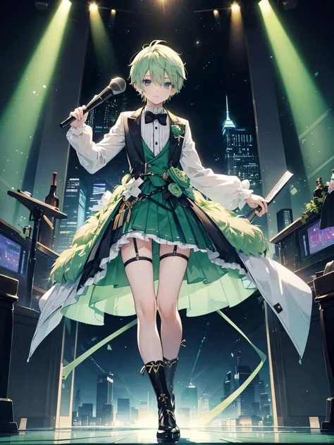 1boy, ((light green hair)), beautiful boy, ((blue eyes)), idol costume, short hair, stockings, stage