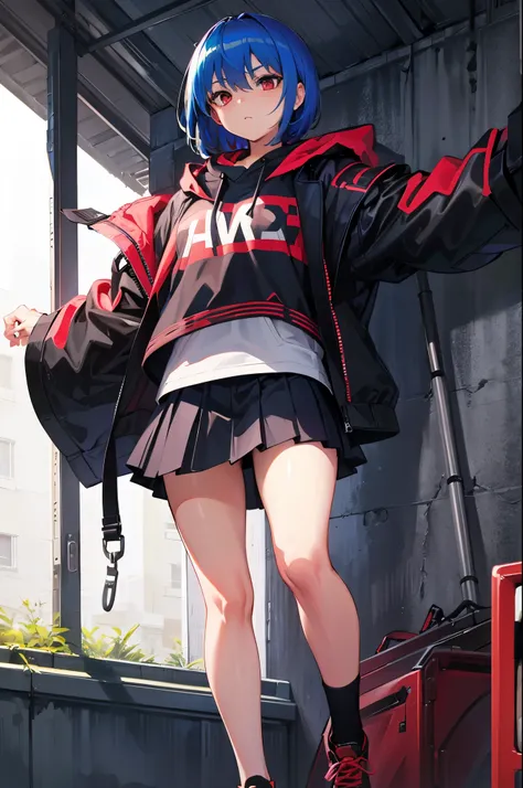 Blue hair, red eyes, short hair, skirt, black underwear