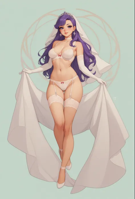 exposed legs, exposed thighs, exposed hips, exposed belly, Based on the description, s40r1k1d0 wearing a cute white panties e um cute white bra. She has long purple hair, Long  white veil behind your body. She holds a veil with her hands, which passes behi...