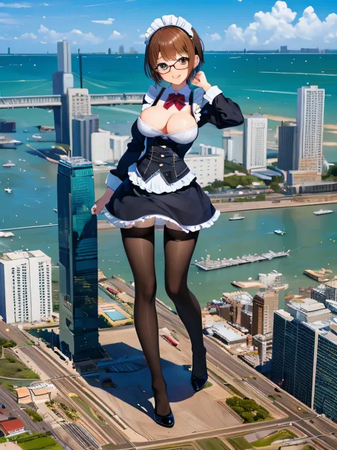 multiple girls, 3girls, standing, giantess art, highly detailed giantess shot, giantess, most detailed, perfect face, two legs, five fingers, short hair, beautiful girl bigger than a skyscraper, wearing rimless glasses, smiling, huge breasts, maid, maid ou...