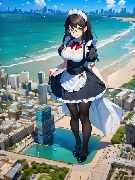 girl bigger than a skyscraper, wearing rimless glasses, smiling, huge breasts, maid, maid outfit, black pantyhose, no shoes, toes visible through pantyhose, steam coming out of soles of feet, seaside metropolis, ocean, destroying city, under heavy attack, ...