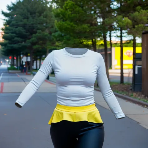 black leggings and yellow culottes, long sleeve t-shirt, (pokemon Rosa), (invisible:1.5, no humans:1.5, headless:1.5, faceless:1.5), (cute big breasts), (8k, RAW photo, best quality, masterpiece:1.2), (realistic, photo-realistic:1.37), photon mapping, radi...