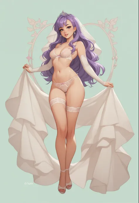 exposed legs, exposed thighs, exposed hips, exposed belly, Based on the description, s40r1k1d0 wearing a cute light brown panties e um cute light brown bra. She has long purple hair, Long  white veil behind your body. She holds a veil with her hands, which...