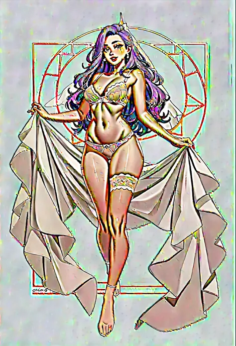 exposed legs, exposed thighs, exposed hips, exposed belly, Based on the description, s40r1k1d0 wearing a cute light brown panties e um cute light brown bra. She has long purple hair, Long  white veil behind your body. She holds a veil with her hands, which...