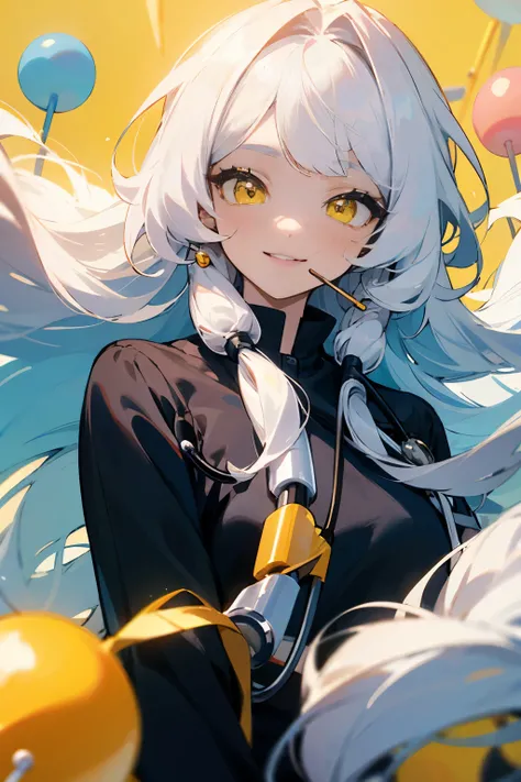 A beautiful woman. Vibrant yellow eyes. Long fluffy hair with bangs. White eyelashes. Smiling playfully. Carrying lolipops,Long hair. One person. White hair. Stethoscope