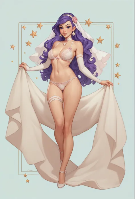 exposed legs, exposed thighs, exposed hips, exposed belly, Based on the description, s40r1k1d0 wearing a cute light brown panties e uma camiseta branca. She has long purple hair, Long  white veil behind your body. She holds a veil with her hands, which pas...