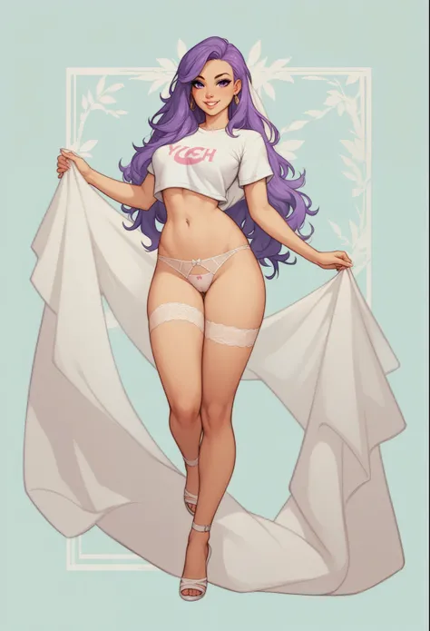 exposed legs, exposed thighs, exposed hips, exposed belly, Based on the description, s40r1k1d0 wearing a cute light brown panties and white t-shirt. She has long purple hair, Long  white veil behind your body. She holds a veil with her hands, which passes ...