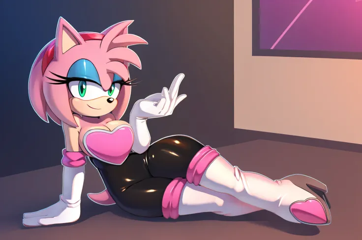 score_9, score_8_up, 2D, flat color, looking at viewer, (1girl), (solo), very detailed, extremely detailed, Amy Rose from the sonic the hedgehog series, portrait, smile, looking at viewers, hair down, hair bangs, large bust, milf, Rouge cosplay, cosplay, R...