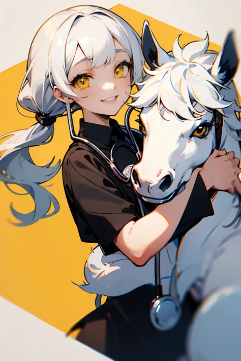 A beautiful woman. Vibrant yellow eyes. White Pony tail, fluffy hair with bangs. White eyelashes. Smiling playfully. Black shirt. Long hair. One person. White hair. Stethoscope on neck