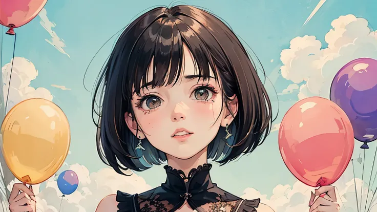 Highest quality,Adult woman with a bob haircut,Emotional,balloons flying in the sky,Highest quality,A beautiful, well-balanced face,high resolution