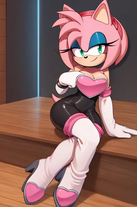 score_9, score_8_up, 2D, flat color, looking at viewer, (1girl), (solo), very detailed, extremely detailed, Amy Rose from the sonic the hedgehog series, portrait, smile, looking at viewers, hair down, hair bangs, large bust, milf, Rouge cosplay, cosplay, R...