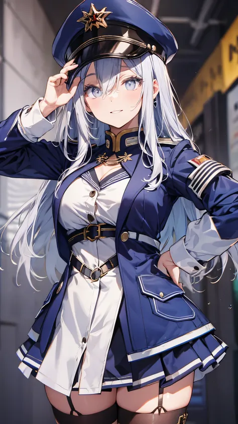 vladilena milize, (grey eyes),light blue hair, hair between eyes, long hair, ahoge,smile,
blue headwear, blue jacket, blue skirt, hat, jacket, military, military hat, military uniform, peaked cap, shirt, skirt, thighhighs, uniform, white shirt, white thigh...