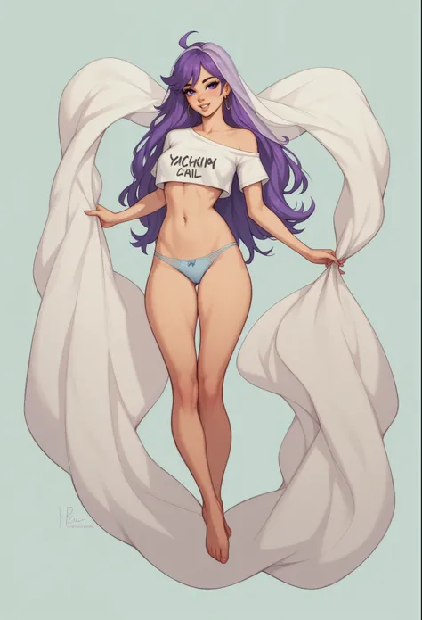 exposed legs, exposed thighs, exposed hips, exposed belly, Based on the description, s40r1k1d0 wearing a cute light blue panties and white t-shirt. She has long purple hair, Long white veil behind your body. She holds a veil with her hands, which passes be...