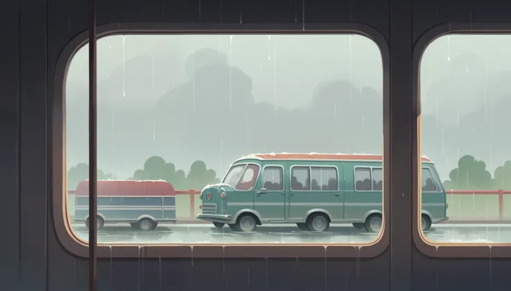 Show the bus from a different angle, with the windshield wipers going swish-swish-swish. The bus driver, smiling and focused, is visible through the front window. The scene has a playful tone, with rain lightly falling, creating reflections on the wet stre...