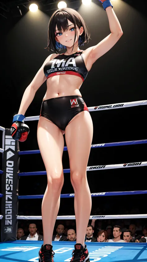 A slim girl with bangs, black short hair, in a boxing ring, smirking, an MMA fighter, full body shot, victorious, shot from below, masterpiece, best quality, high res, ultra-detailed, vivid colors, dramatic lighting, cinematic, (Detailed eyes),(Detailed fa...