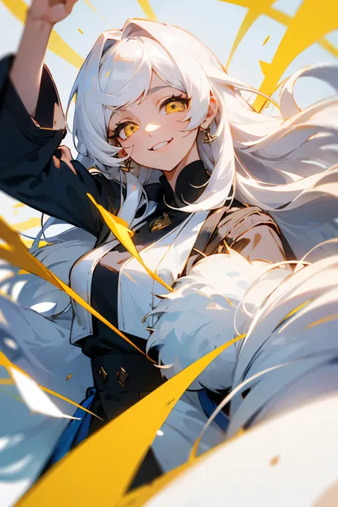 A beautiful woman. Vibrant yellow eyes. Long fluffy hair with bangs. White eyelashes. Smiling playfully. Doctor. Long hair. One person. White hair.