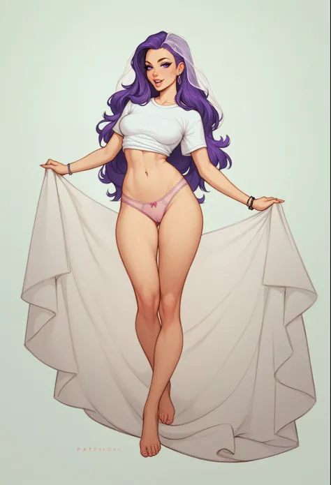 exposed legs, exposed thighs, exposed hips, exposed belly, Based on the description, s40r1k1d0 wearing a regular light pink panties and white t-shirt. She has long purple hair, Long  white veil behind your body. She holds a veil with her hands, which passe...