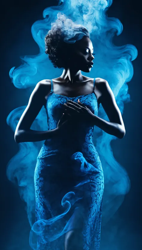 Merged double exposure， a white woman, A black lady, Two tones color, (Transparent effect ), Seamless blending, Textures and patterns, ((Transparent effect 0.35)), iconic standing pose, enveloped in blue smoke, Dramatic shadows, Dramatic Lighting, Interwea...