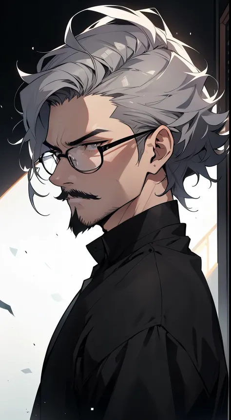 A 42-year-old Japanese man with short, slightly curly hair, with a touch of gray mixed in. He has a light beard and mustache, and wears round glasses. His hair is naturally wavy and neat, giving him a mature yet relaxed appearance. His expression is though...