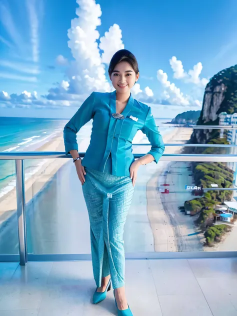 1girl, solo, standing, at the beach, beautifully ocean scenery, cute little smirk, detailed eyes, thick medium breasts, smooth realistic skin, wearing flight attendant uniform, looking at the audience, (Overhead shot:1.3), (zoom out:1.4), (8k, RAW photo, ...