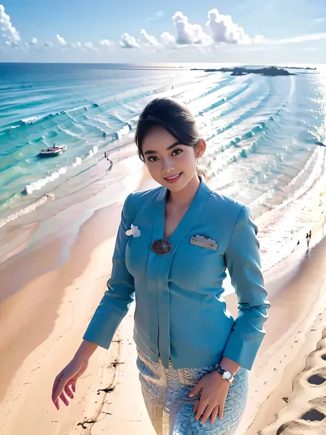 1girl, solo, standing, at the beach, beautifully ocean scenery, cute little smirk, detailed eyes, thick medium breasts, smooth realistic skin, wearing flight attendant uniform, looking at the audience, (Overhead shot:1.3), (zoom out:1.4), (8k, RAW photo, ...