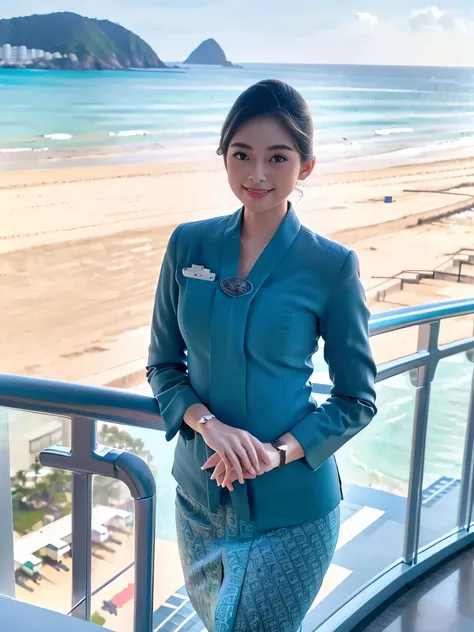 1girl, solo, standing, at the beach, beautifully ocean scenery, cute little smirk, detailed eyes, thick medium breasts, smooth realistic skin, wearing flight attendant uniform, looking at the audience, (Overhead shot:1.3), (zoom out:1.4), (8k, RAW photo, ...