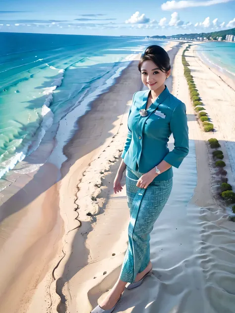 1girl, solo, standing, at the beach, beautifully ocean scenery, cute little smirk, detailed eyes, thick medium breasts, smooth realistic skin, wearing flight attendant uniform, looking at the audience, (Overhead shot:1.3), (zoom out:1.4), (8k, RAW photo, ...