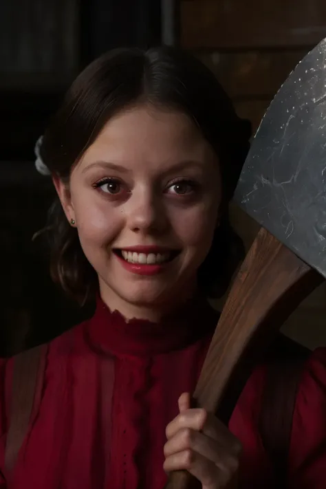 (Pearl from A24s movie), (((holding a bloody axe))), ((Wearing a Red dress)), ((large smile)), (cinematic lighting), blood, (hyper-realistic style), (vintage 1910s rural setting), (dark and eerie atmosphere), (dramatic shadows), (close-up shot), (bloodstai...