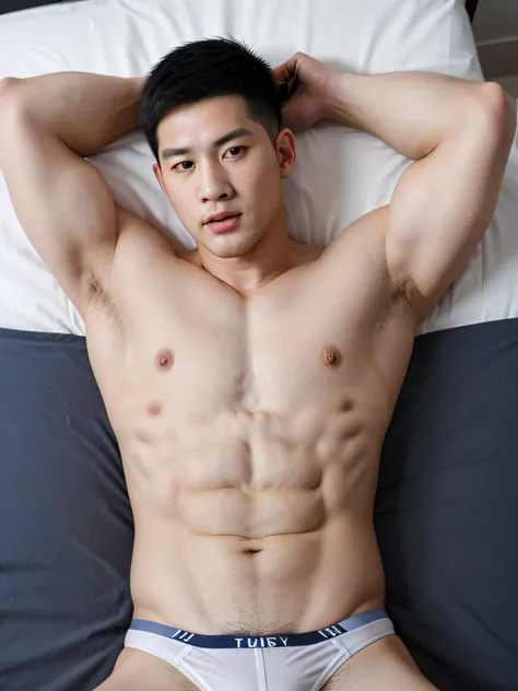 Chinese man, 29 years old, handsome masculine face , big eyes, high nose, smooth white skin, pink lips, well-proportioned body, fitness body, no shirt and Navy blue thong cover the big lump, lying on bed tired face, black undercut hair