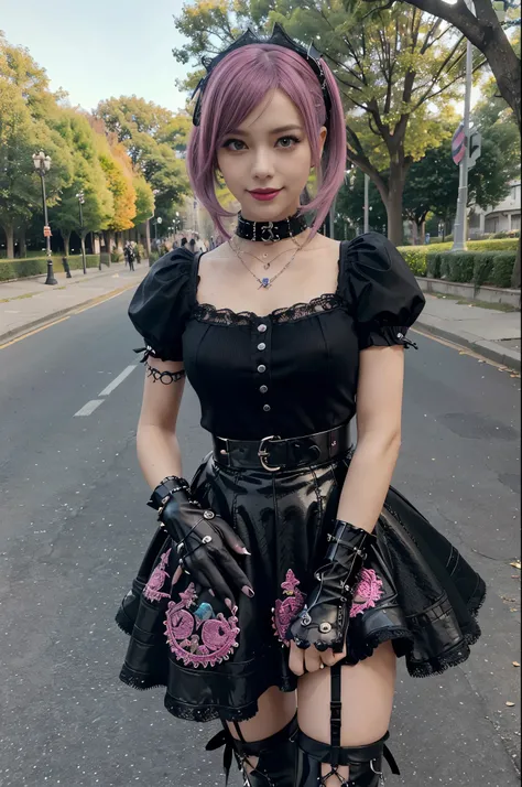 sexy stylish female model, only 1 female, ((doll-like appearance)), long stylish hair, ((shiny Punk-Style boots)), (happy smile), ultra detailed eyes, long lashes, metallic makeup, lip-gloss, ((sexy Punk Lolita cosplay)), unconventional skirt, petticoats, ...