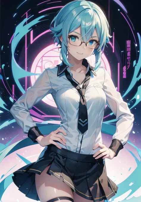  masterpiece, beautiful detail, beautiful light and shadow,Beautiful Anime Woman, Beautiful art style, Anime characters,1girl, ((((solo)))),sinon1,aqua hair, short hair,dynamic pose,smile, blep, slender,(close-up), glasses, naked,white dress shirt, collar,...