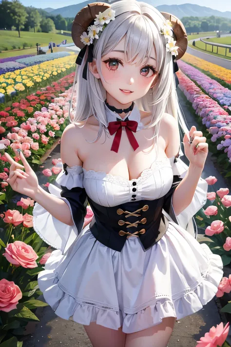 A cute and beautiful girl in a sheep costume with a heart-shaped choker, in a beautiful flower field
