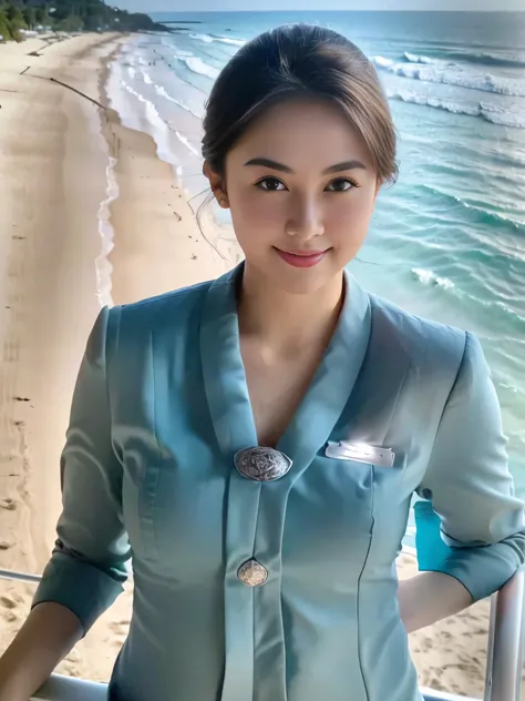1girl, solo, standing, at the beach, beautifully ocean scenery, cute little smirk, detailed eyes, thick medium breasts, smooth realistic skin, wearing flight attendant uniform, looking at the audience, (Overhead shot:1.3), (zoom out:1.4), (8k, RAW photo, ...