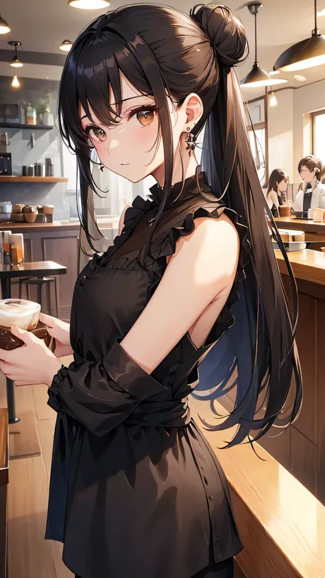 Highest quality, High resolution,thin、Brown eyes、expensive、Black Hair、（amount:1.3)、(semi-long:1.3),Hair Bun、(Cafe:1.4)、Sleeveless、(Black blouse:1.3)、cardigan、Earrings
